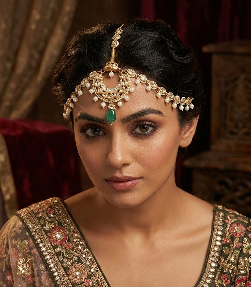 Noor Matha Patti - Handmade Brass with 18K Gold Plate, Onyx, and Pearls