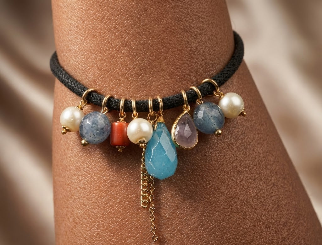 Rakhi Radiant Fusion Necklace in Chalcedony, Glass, Pearl, and Coral 46mm