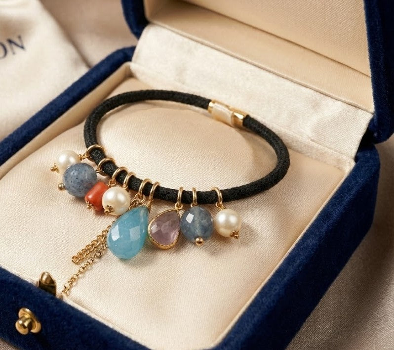 Rakhi Radiant Fusion Necklace in Chalcedony, Glass, Pearl, and Coral 46mm