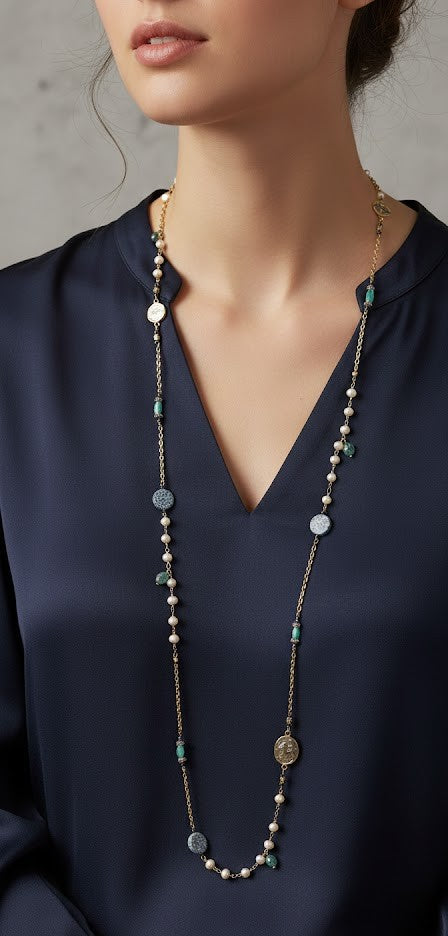 Luxury Long Chain Necklace: Freshwater Pearls, Green Onyx, Emerald & Iolite – 1170mm