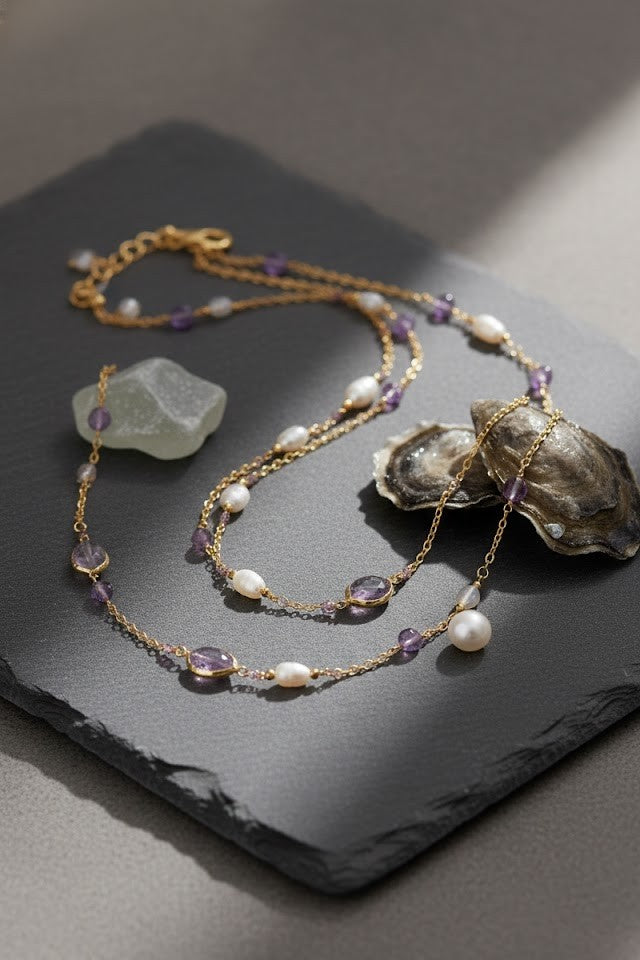 Luxury Amethyst Long Chain Necklace with Baroque Pearls, and Rose Quartz