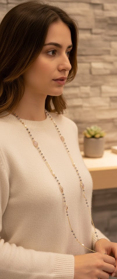 Eternal Rose Quartz Long Chain Necklace with Multi-colored Sapphires and Pearls