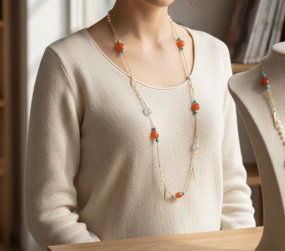 Eternal Radiance Long Necklace with Freshwater Pearls, Turquoise, Carnelian and Chalcedony