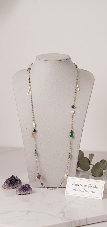 Elegance Long Chain Necklace - Amethyst, Green Onyx, Baroque Pearls and Tourmaline
