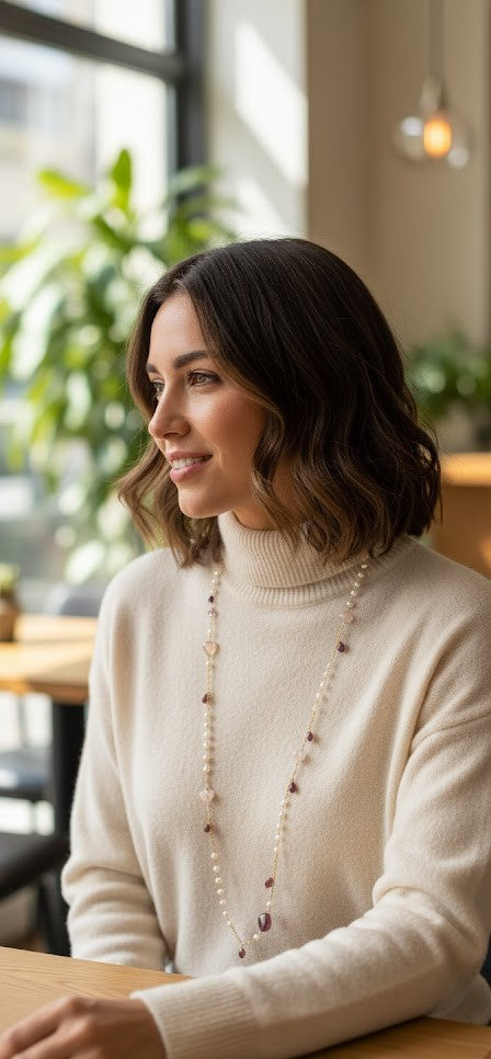 Eternal Ruby Harmony Long Chain Necklace with Lolite, and Garnet gemstones
