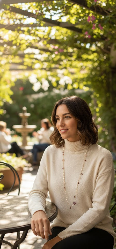 Eternal Ruby Harmony Long Chain Necklace with Lolite, and Garnet gemstones