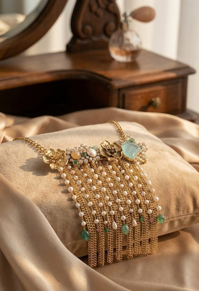 Necklace in Light  Brass Jewelry Featuring 18K Gold and Unique Stones