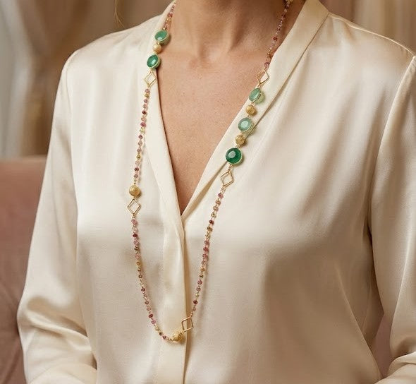 Mystic Gemstone Long Necklace With Labradorite, Amethyst And Tiger Eye Gemstones