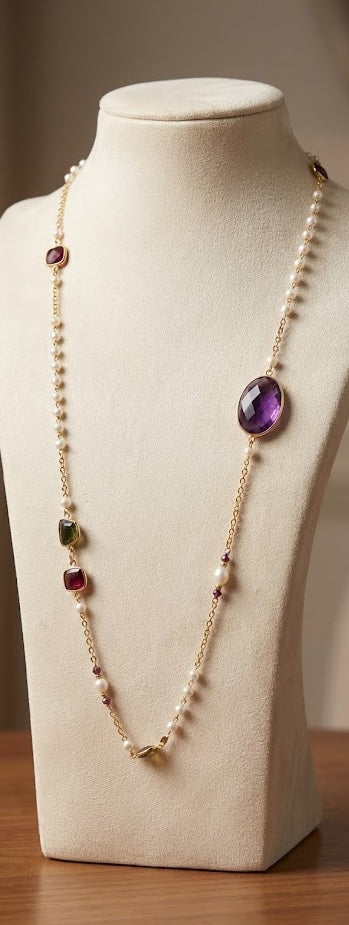 Luminous Pearl Garnet Long Chain Necklace