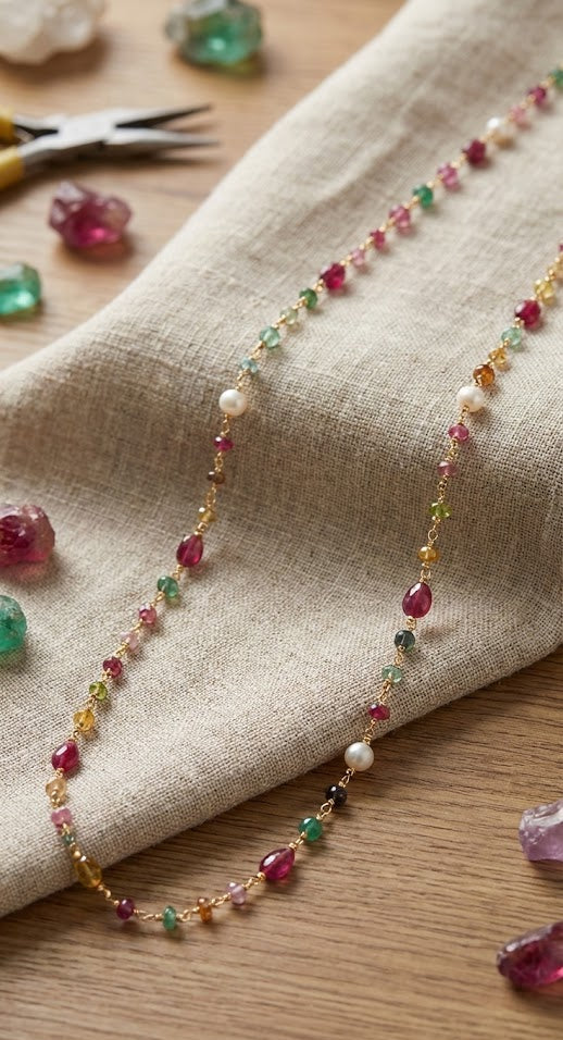 Luminous Ruby Pearl Long Chain Necklace