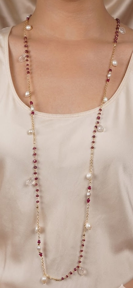 Radiant Ruby Enchantment Long Chain Necklace With Freshwater Pearl And Rose Quartz