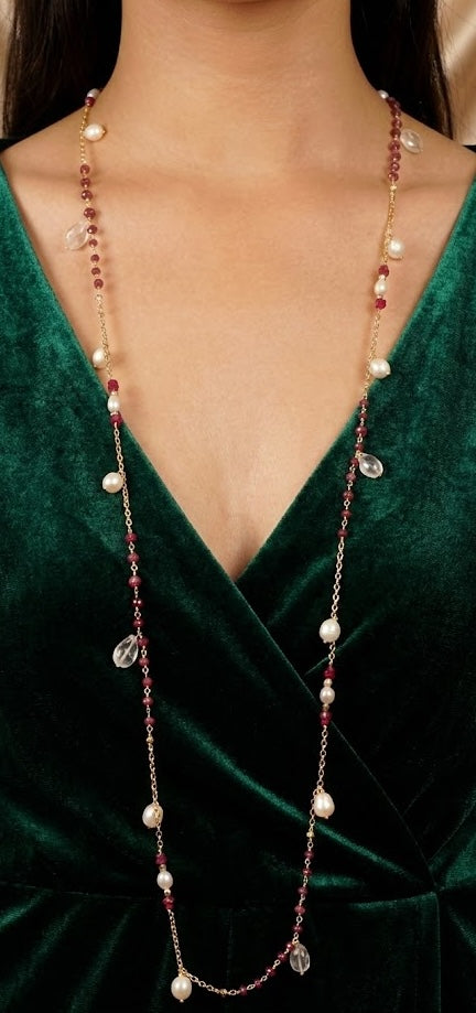 Radiant Ruby Enchantment Long Chain Necklace With Freshwater Pearl And Rose Quartz
