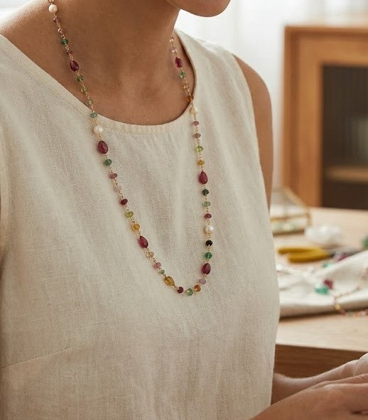 Luminous Ruby Pearl Long Chain Necklace
