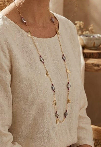Majestic Coin Radiance Long Chain Necklace With Exquisite Coin Pearls and Rodoilte Gemstones