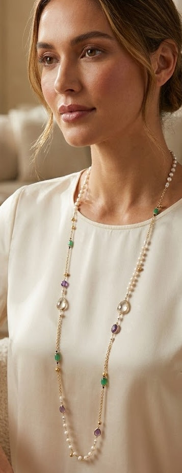 Ethereal Amethyst Pearls Long Chain Necklace with Green Onyx