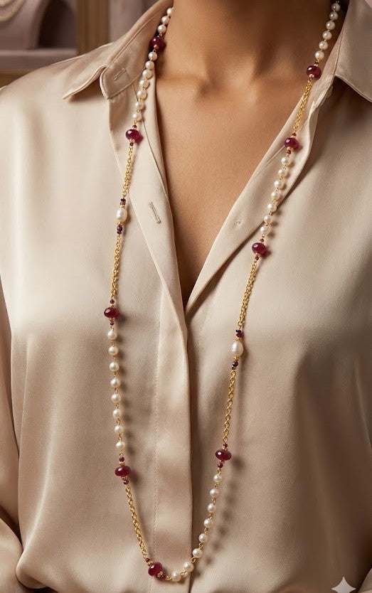 Radiant Ruby Luxe Long Chain Necklace With Freshwater Pearls