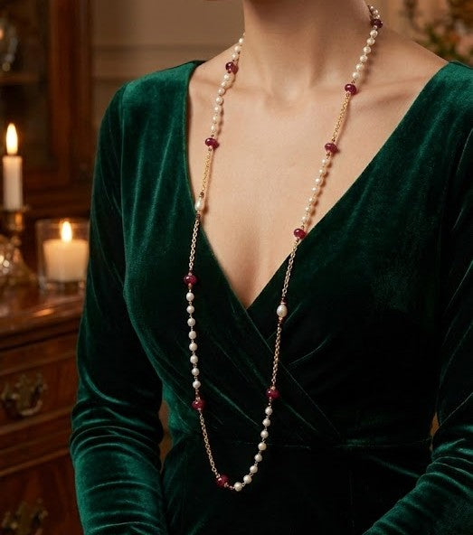 Radiant Ruby Luxe Long Chain Necklace With Freshwater Pearls