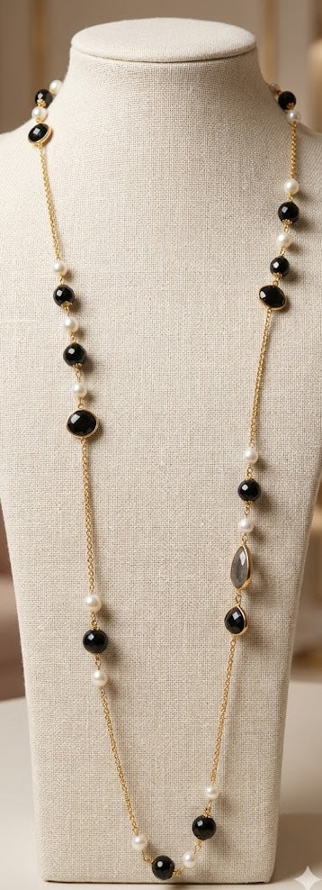 Ethereal Amethyst Long Chain Necklace with Freshwater Pearls And Green Onyx