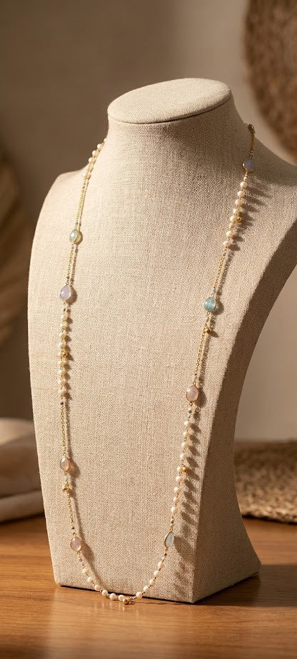 Eternal Elegance Long Necklace - Freshwater Pearls, Chalcedony And Rose Quartz