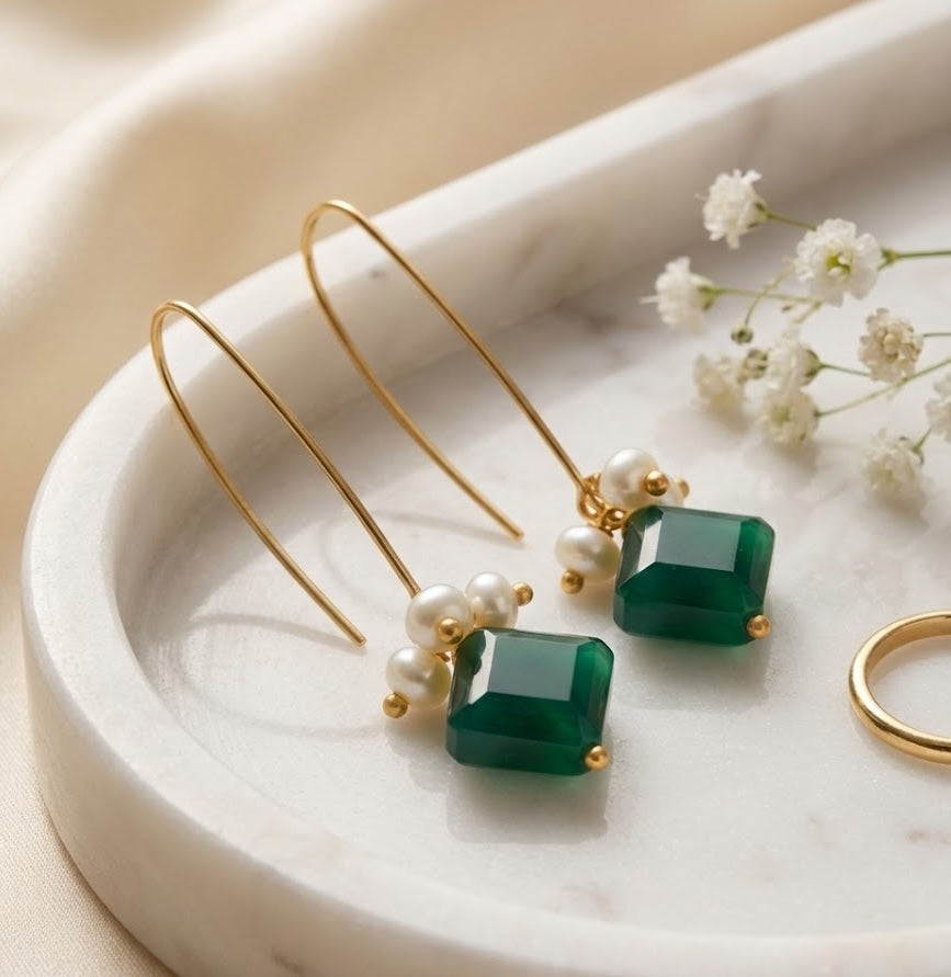 Handmade Metal blast Earrings 18k Gold Plate & natural stones 62mm