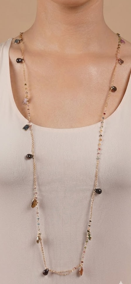 Mystic Tourmaline Elegance Long Chain Necklace With Smoky Quartz gemstones