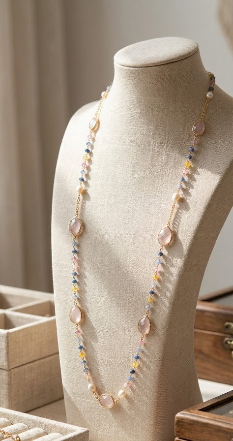 Celestial Sapphire Radiance Long Necklace: 1170mm with Multi-Sapphire, Rose Quartz & Freshwater Pearls