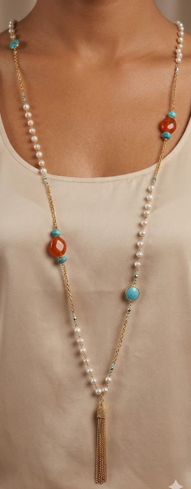 Ethereal Pearl Harmony Long Chain Necklace with Turquoise, Coral And Chalcedony