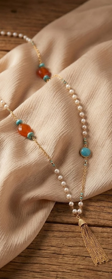 Ethereal Pearl Harmony Long Chain Necklace with Turquoise, Coral And Chalcedony