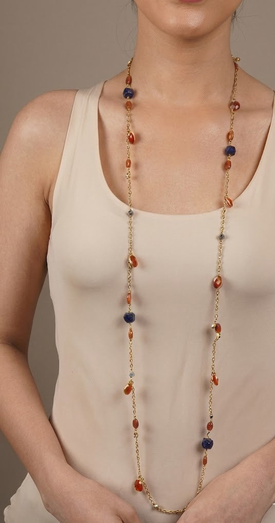 Luxury Celestial Gemstone Long Necklace – Lapis Lazuli, Coraline & Labradorite