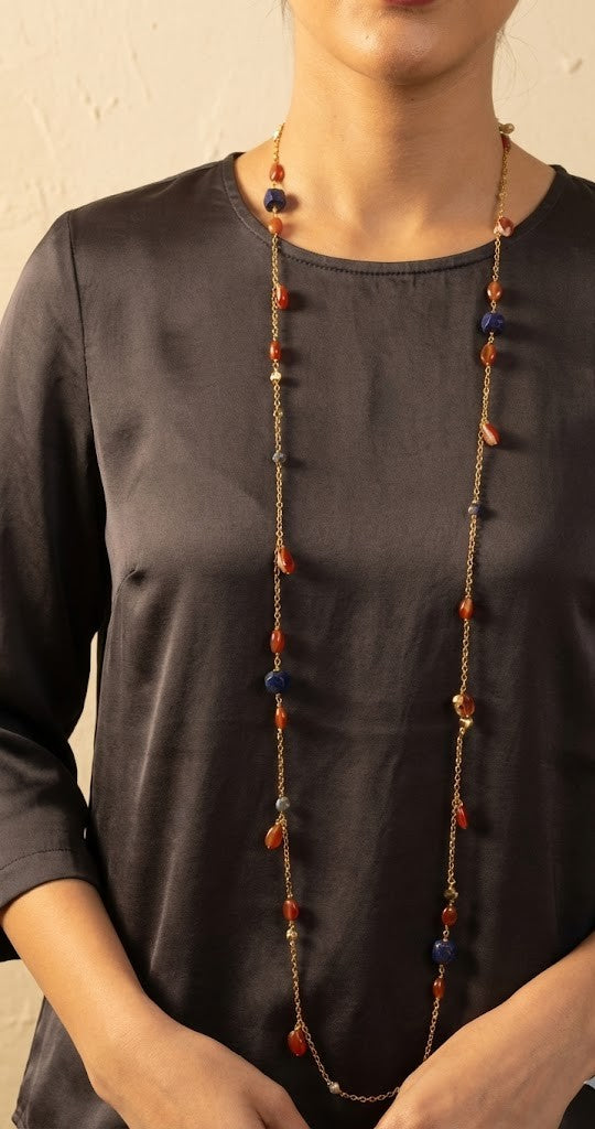 Luxury Celestial Gemstone Long Necklace – Lapis Lazuli, Coraline & Labradorite