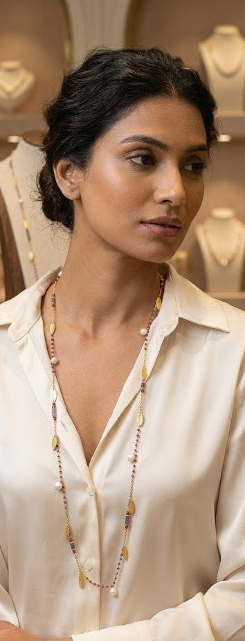 Eternal Ruby Glow Long Chain Necklace with Lolite, and Freshwater Pearls