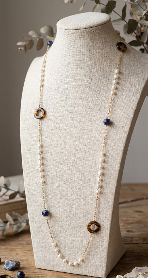 Celestial Harmony Long Necklace: 1148mm Freshwater Pearls, Tiger Eye & Lapis Lazuli