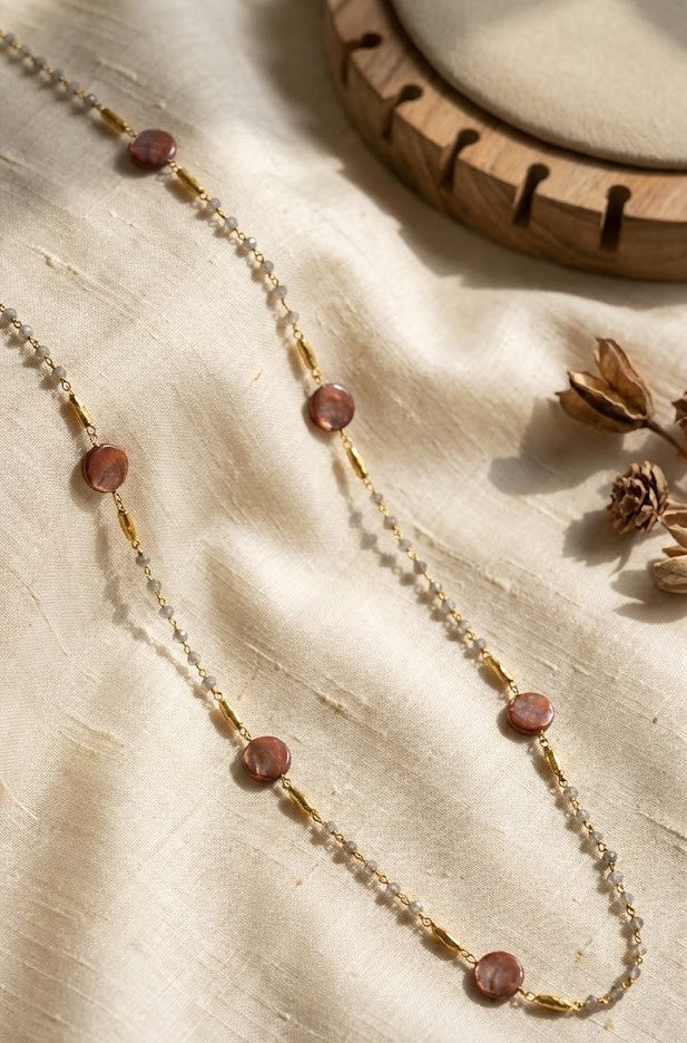 Mystic Lab Coin Long Necklace With Exquisite Labradorite