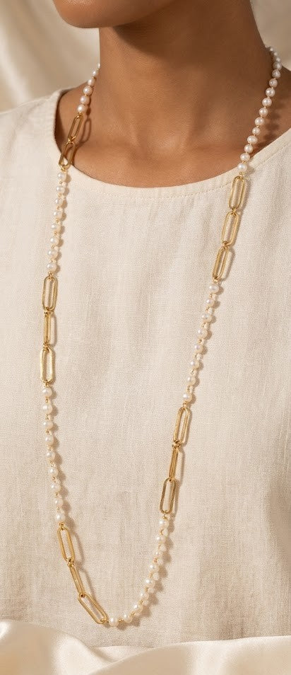 Lustrous Pearl Elegance Long Chain Necklace