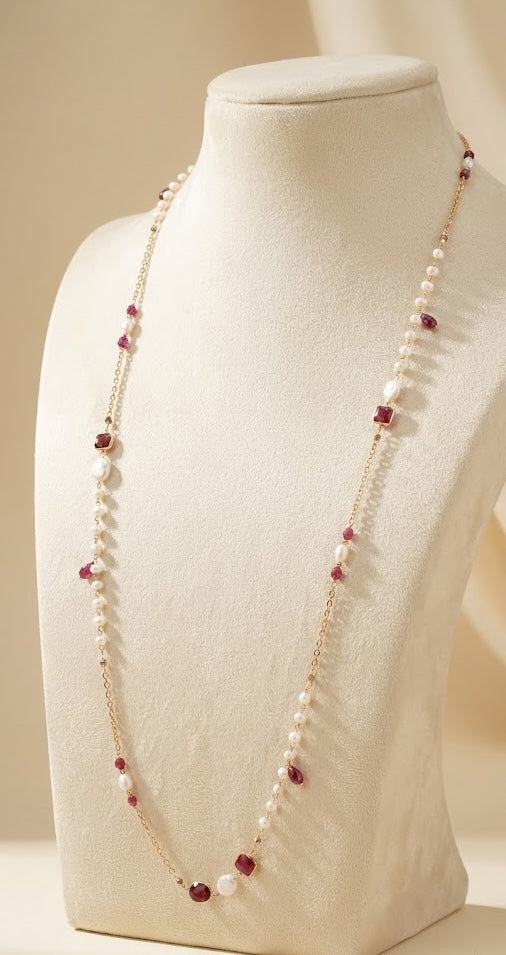 Opulent Ruby Pearl Long Chain Necklace