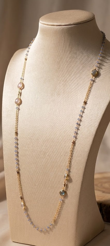 Celestial Sapphire Radiance Long Necklace – Blue Sapphire, Rose Quartz & Labradorite