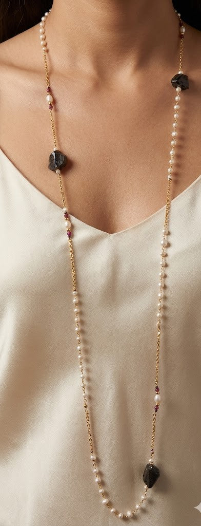 Eternal Ruby Onyx Long Chain Necklace with Pearls