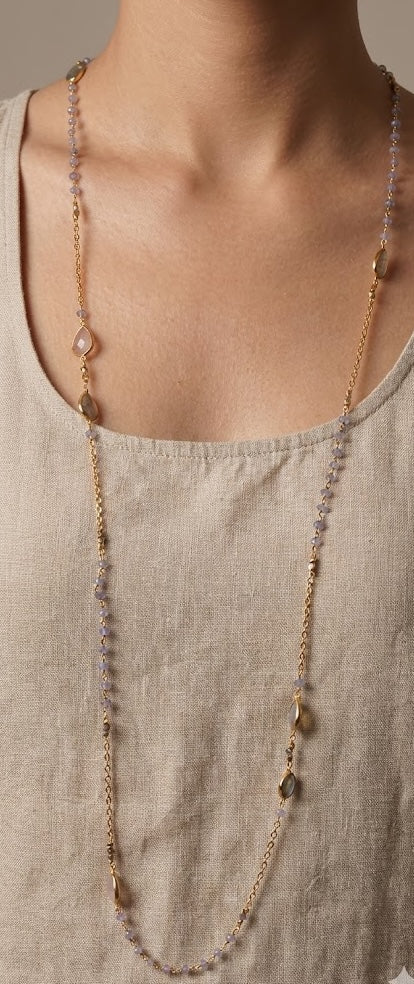 Celestial Sapphire Radiance Long Necklace – Blue Sapphire, Rose Quartz & Labradorite