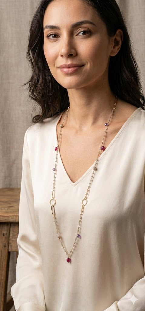 Celestial Gemstone Elegance Long Necklace: 1155mm Labradorite, Ruby, Pearl & Amethyst