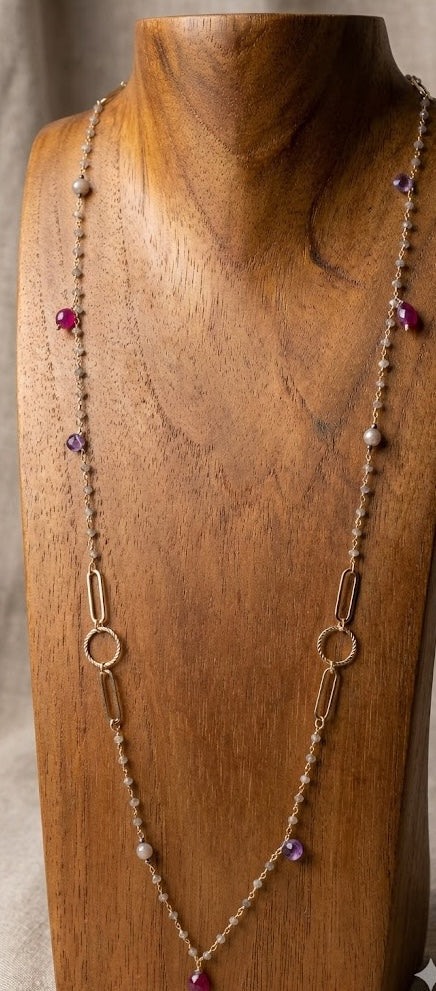 Celestial Gemstone Elegance Long Necklace: 1155mm Labradorite, Ruby, Pearl & Amethyst