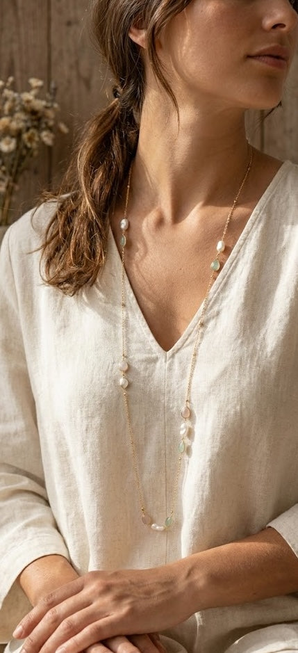 Ethereal Ladradorite Pearls Long Chain Necklace with Rose Quartz And Chalcedony