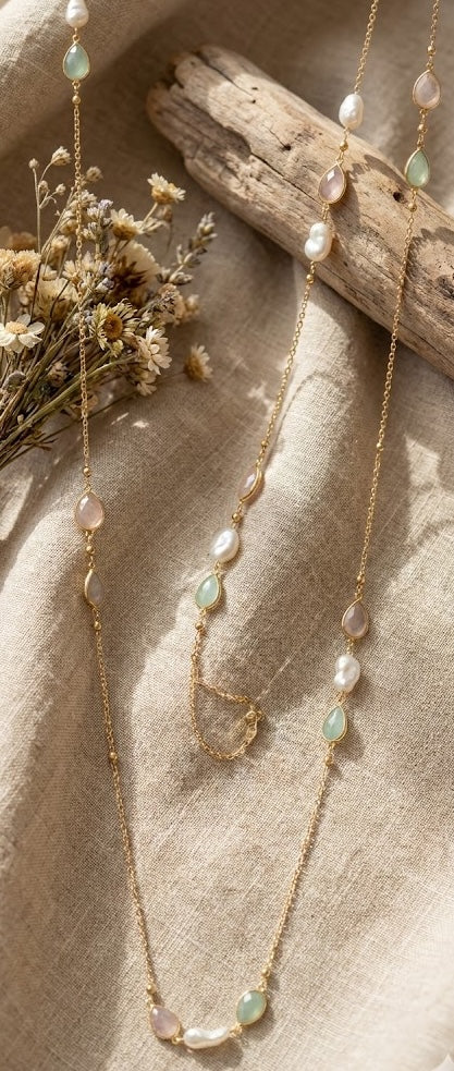 Ethereal Ladradorite Pearls Long Chain Necklace with Rose Quartz And Chalcedony
