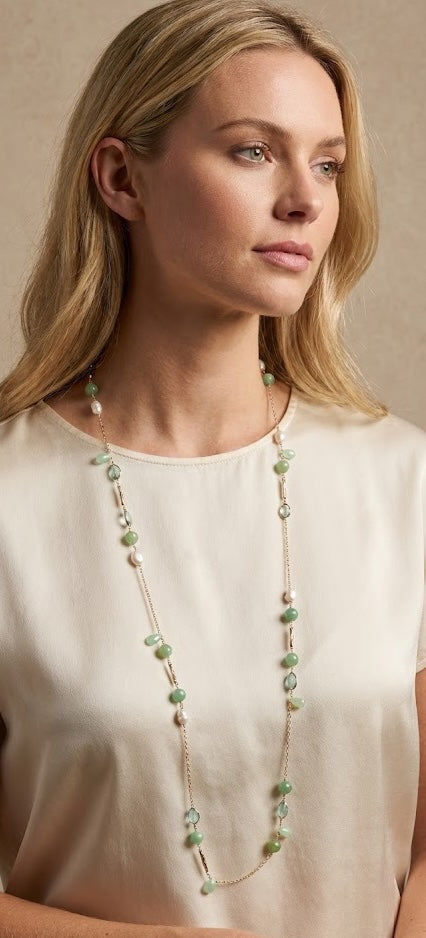 Celestial Grace Long Necklace: Chalcedony & Baroque Pearls for Timeless Elegance