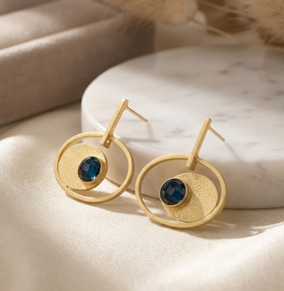 Handmade Metal blast Earrings 18k Gold Plate & natural stones 36mm