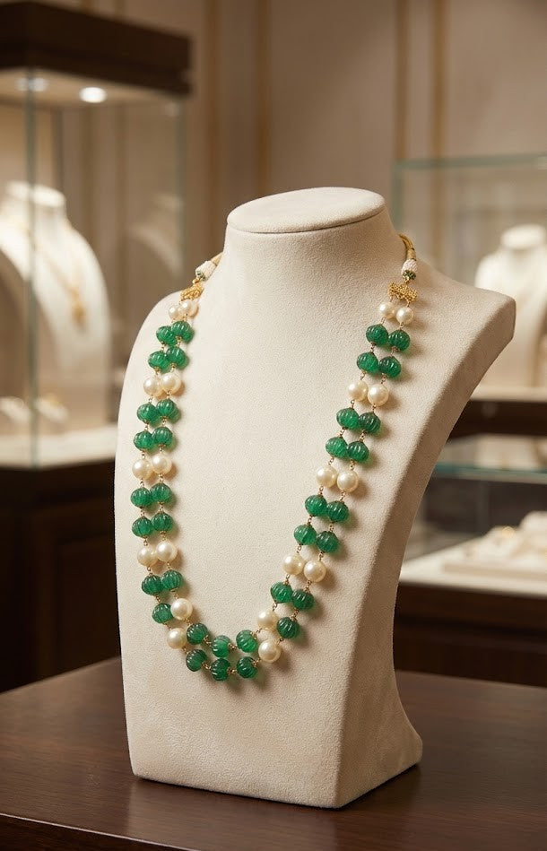 Moti Necklace - Jade & Pearl with 22K Gold Plate