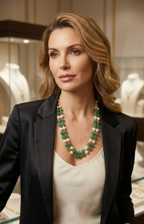Moti Necklace - Jade & Pearl with 22K Gold Plate
