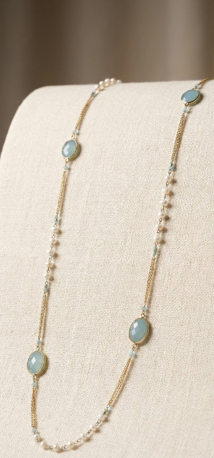 Celestial Pearl Grace Long Necklace: 1205mm Freshwater Pearls & Chalcedony