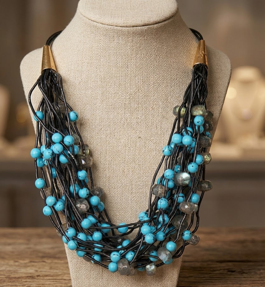 Moti Necklace in Brass with 22K Gold Plate & Natural Stones