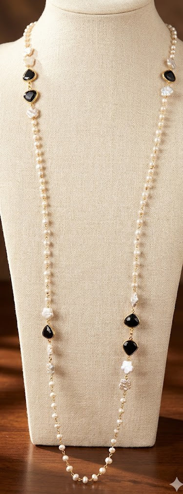 Elegant Freshwater Pearl Long Necklace: 1152mm Design with Black Onyx & Labradorite