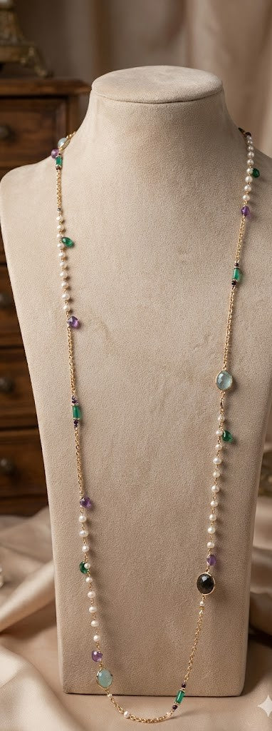 Eternal Amethyst Long Necklace - Chalcedony, Black Onyx And Freshwater Pearls